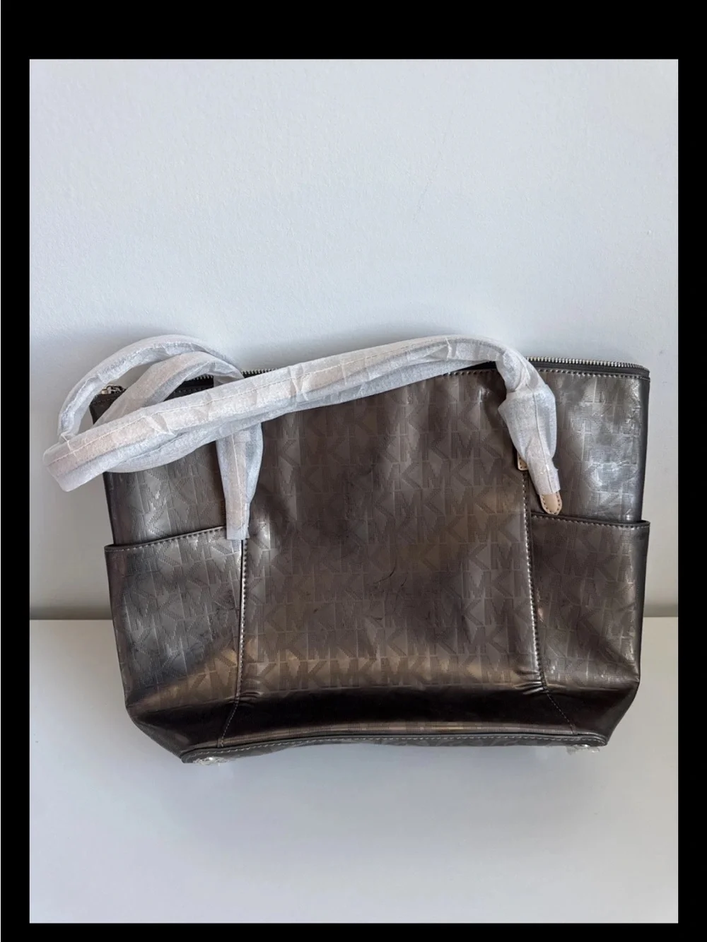 Michael Kors Metallic Nickel Monogram Jet Set Tote Bag NWT Retails $248